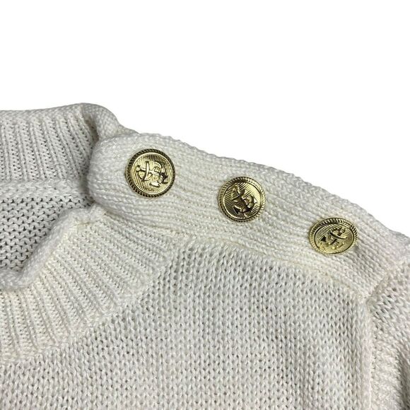 J Crew Sweater WMNS XS White Linen Blend Relaxed Beach Striped Gold Buttons - Picture 6 of 13